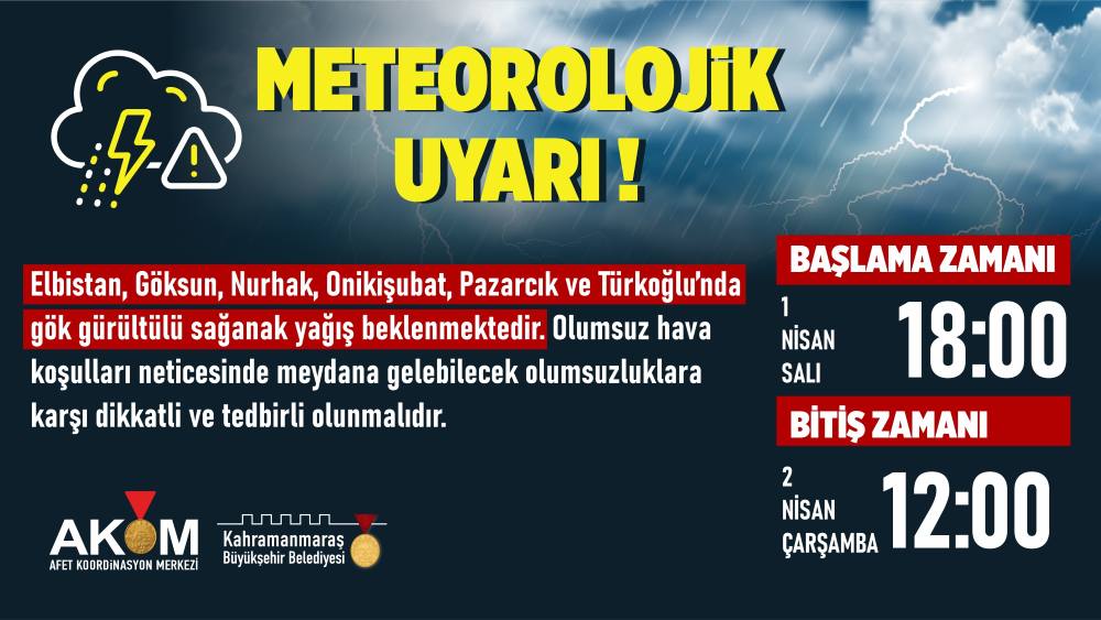 Bugün akşam saatlerinden itibaren Elbistan, Göksun, Nurhak, Onikişubat, Pazarcık ve