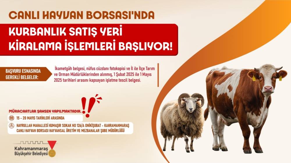 Büyükşehir Belediyesi, Canlı Hayvan Borsası’nda kurban satış yeri kiralama
işlemlerinin 15