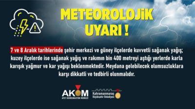 AKOM, 7–8 Aralık tarihlerinde şehir merkezi ve güney ilçelerde sağanak,