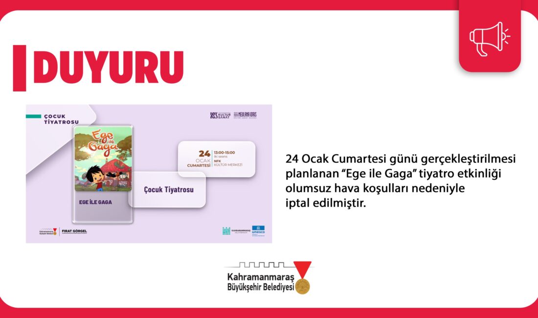 Kahramanmaraş Büyükşehir Belediyesi, 24 Ocak Cumartesi günü NFK Kültür Merkezi’nde