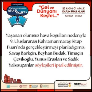Kitap Fuarı’nda Bugünkü Söyleşiler İptal Edildi Büyükşehir Belediyesi, bugün Kitap