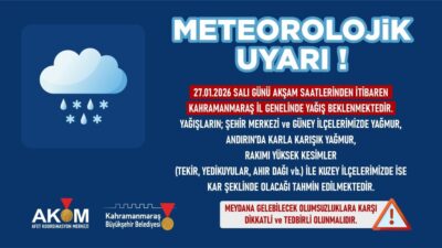 Salı akşamından itibaren Kahramanmaraş genelinde farklı bölgelerde yağış etkili olacak.