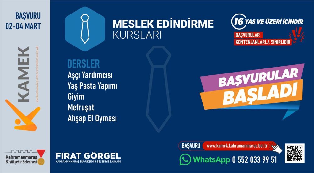 Büyükşehir Belediyesinin Meslek Edindirme ve Sanat Eğitimi Kursları’nda (KAMEK)
bahar dönemi