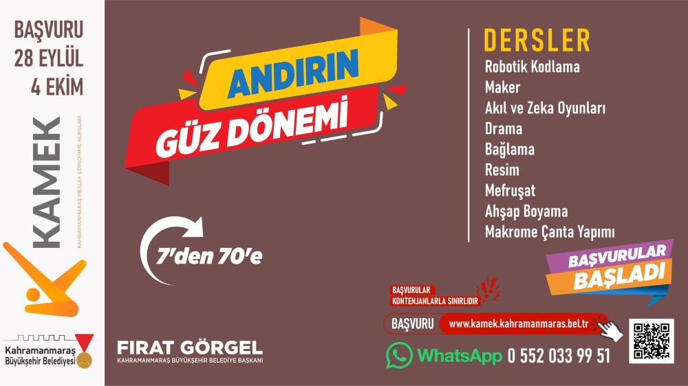 Kahramanmaraş Büyükşehir Belediyesi, Meslek Edindirme Kursları’nı (KAMEK)
 Elbistan, Çağlayancerit, Andırın
