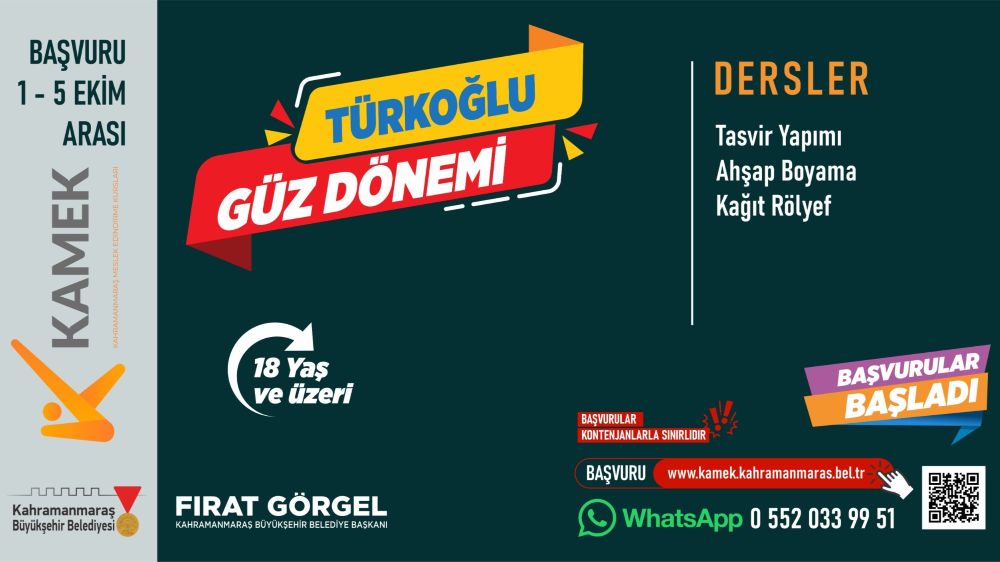 Büyükşehir Belediyesinin Meslek Edindirme Kursları (KAMEK), Göksun ve
Türkoğlu’nda yeni kurslarına